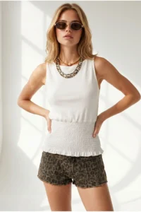 Olalook Women's White Waist Gipped Sleeveless Cotton Blouse BLZ- - Image 4