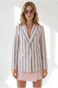 Olalook Women's Powder Striped Lined Linen Blazer Jacket CKT-