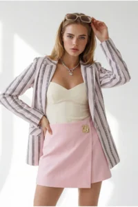 Olalook Women's Powder Striped Lined Linen Blazer Jacket CKT- - Image 3