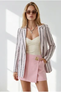 Olalook Women's Powder Striped Lined Linen Blazer Jacket CKT- - Image 4