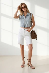Olalook Women's Light Blue Elastic Waist Crop Denim Vest with Accessory Pockets - Image 2