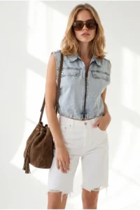 Olalook Women's Light Blue Elastic Waist Crop Denim Vest with Accessory Pockets - Image 3
