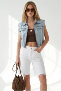Olalook Women's Light Blue Elastic Waist Crop Denim Vest with Accessory Pockets - Image 4
