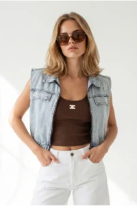 Olalook Women's Light Blue Elastic Waist Crop Denim Vest with Accessory Pockets - Image 5