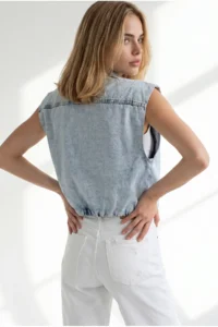 Olalook Women's Light Blue Elastic Waist Crop Denim Vest with Accessory Pockets - Image 6