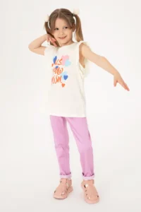 US Polo Assn. Girls' Cream Crew Neck Cotton Frilly Heart Printed T-Shirt - Image 2