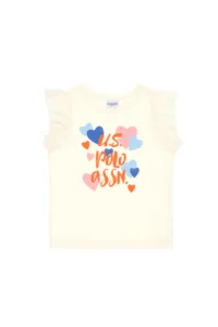 US Polo Assn. Girls' Cream Crew Neck Cotton Frilly Heart Printed T-Shirt - Image 4