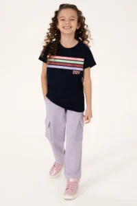US Polo Assn. Girls' Black Crew Neck Colorful Stripe Printed Cotton T-Shirt - Image 2