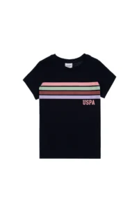 US Polo Assn. Girls' Black Crew Neck Colorful Stripe Printed Cotton T-Shirt - Image 3