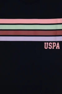 US Polo Assn. Girls' Black Crew Neck Colorful Stripe Printed Cotton T-Shirt - Image 5