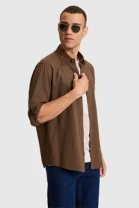 US Polo Assn. Men  linen blended Brown Long Sleeve Basic Shirt - Image 3
