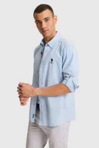 US Polo Assn. Men Light BLUE Long Sleeve Basic Shirt - Image 3