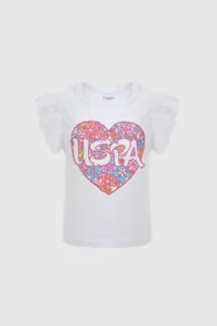 US Polo Assn. Girls' Crew Neck Sleeves Frilly WHITE T-Shirt - Image 6