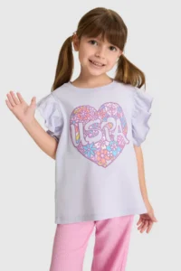 US Polo Assn. Girls' Crew Neck Sleeves Frilly Lilac T-Shirt