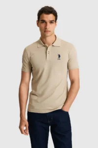 US Polo Assn. Men slim Fit Polo Shirt Collar Light Khaki Basic T-Shirt - Image 3