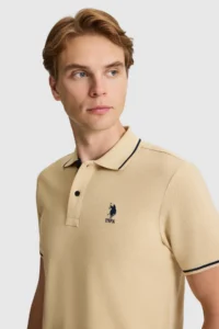 US Polo Assn. Men Beige slim Fit Polo Shirt Collar Basic T-Shirt - Image 2