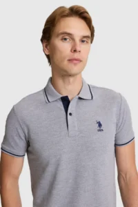 US Polo Assn. Men Gray Melange slim Fit Polo Shirt Collar Basic T-Shirt - Image 2