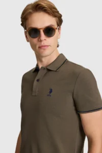 US Polo Assn. Men Dark Khaki slim Fit Polo Shirt Collar Basic T-Shirt - Image 2