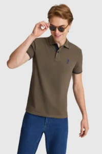 US Polo Assn. Men Dark Khaki slim Fit Polo Shirt Collar Basic T-Shirt - Image 3
