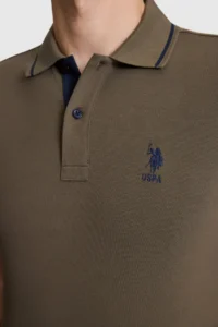 US Polo Assn. Men Dark Khaki slim Fit Polo Shirt Collar Basic T-Shirt - Image 6