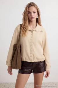 TRENDYOLMİLLA Beige High Neck buttoned Oversized Pattern Coat - Image 3