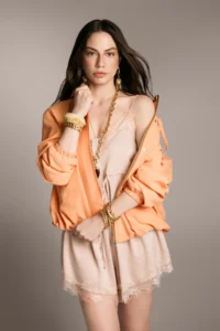 TRENDYOLMİLLA Orange Oversized Stand Collar linen look Bomber Jacket Coat - Image 3