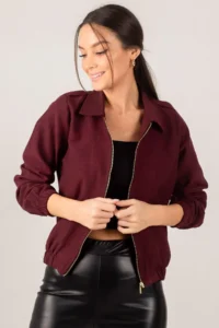armonika Women's Burgundy Front Zippered Gabardine Coat - Image 2