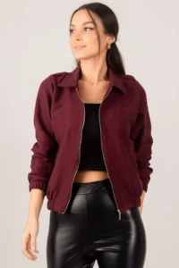 armonika Women's Burgundy Front Zippered Gabardine Coat - Image 3