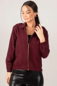 armonika Women's Burgundy Front Zippered Gabardine Coat - Image 4