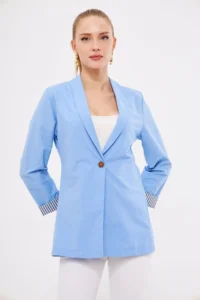 armonika Women's Ice Blue Striped Inside Sleeve Single Button Jacket