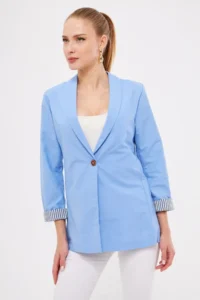 armonika Women's Ice Blue Striped Inside Sleeve Single Button Jacket - Image 3