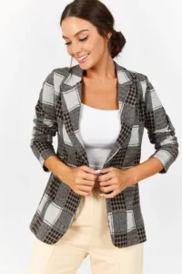 armonika Women's Beige Plaid Pattern Single Button Jacket Arm- - Image 3