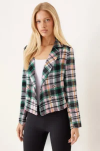 armonika Women's Green-Black Double Breasted Collar Tweed Crop Jacket - Image 2