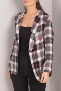 armonika Women's Black-Red Shawl Collar Plaid Pattern Tweed Jacket - Image 2