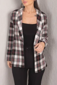 armonika Women's Black-Red Shawl Collar Plaid Pattern Tweed Jacket - Image 3