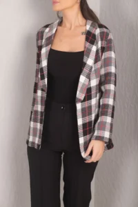 armonika Women's Black-Red Shawl Collar Plaid Pattern Tweed Jacket - Image 4