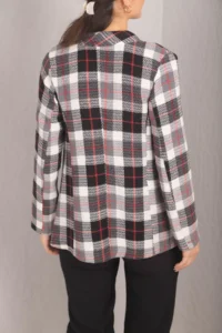 armonika Women's Black-Red Shawl Collar Plaid Pattern Tweed Jacket - Image 5