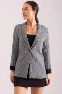armonika Women's Dark Navy Blue Herringbone Pattern Sleeve Folded Single Button Stash Jacket - Image 3