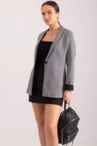 armonika Women's Dark Navy Blue Herringbone Pattern Sleeve Folded Single Button Stash Jacket - Image 4