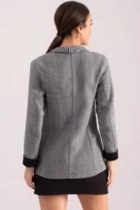 armonika Women's Dark Navy Blue Herringbone Pattern Sleeve Folded Single Button Stash Jacket - Image 5