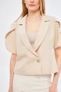 armonika Women's Beige Ikosiokto Jacket Slit Detailed Crop Short Sleeve - Image 2