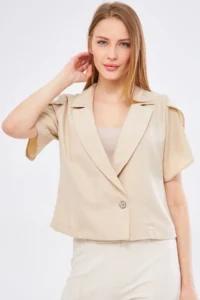 armonika Women's Beige Ikosiokto Jacket Slit Detailed Crop Short Sleeve - Image 3