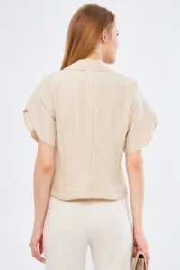 armonika Women's Beige Ikosiokto Jacket Slit Detailed Crop Short Sleeve - Image 4