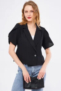 armonika Women's Black Ikosiokto Jacket Slit Detailed Crop Short Sleeve - Image 2