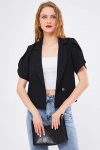 armonika Women's Black Ikosiokto Jacket Slit Detailed Crop Short Sleeve - Image 3