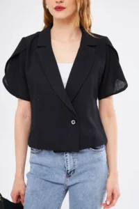 armonika Women's Black Ikosiokto Jacket Slit Detailed Crop Short Sleeve - Image 4