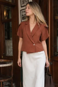 armonika Women's Coffee Sleeve Slit Detailed Crop Short Sleeve Jacket