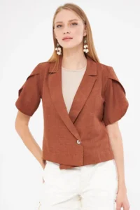 armonika Women's Coffee Sleeve Slit Detailed Crop Short Sleeve Jacket - Image 2