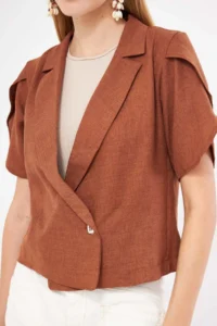 armonika Women's Coffee Sleeve Slit Detailed Crop Short Sleeve Jacket - Image 3