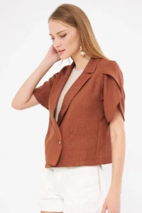 armonika Women's Coffee Sleeve Slit Detailed Crop Short Sleeve Jacket - Image 4